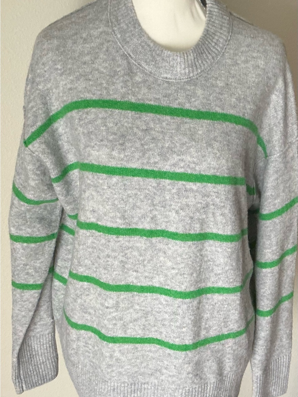 aerie Gray Crewneck Sweater with Green Stripes
